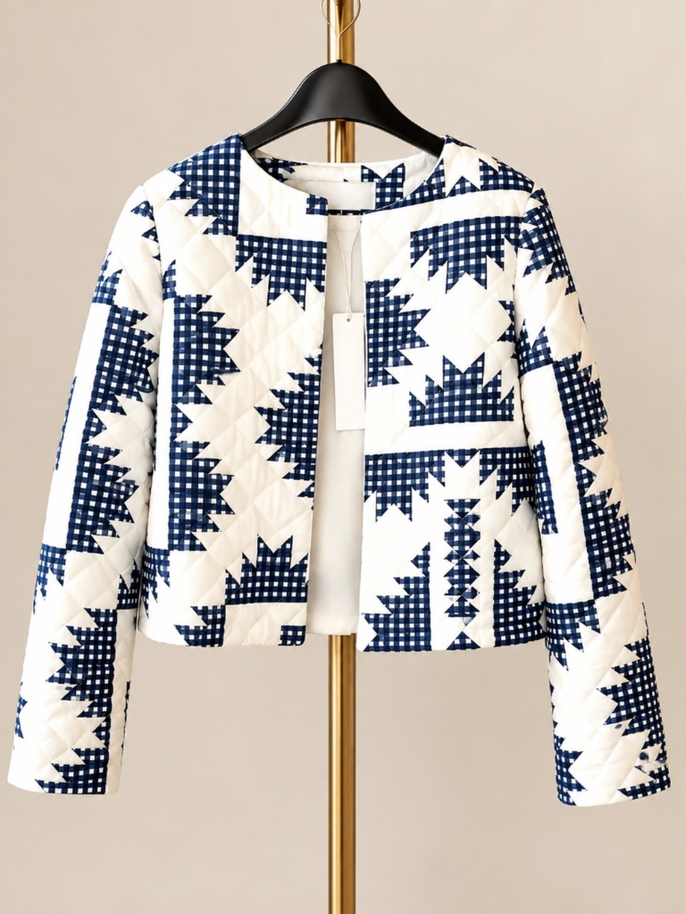 Caroline Constas Blue White Quilted Linen Blend Cropped Jacket S NWT - Picture 1 of 8